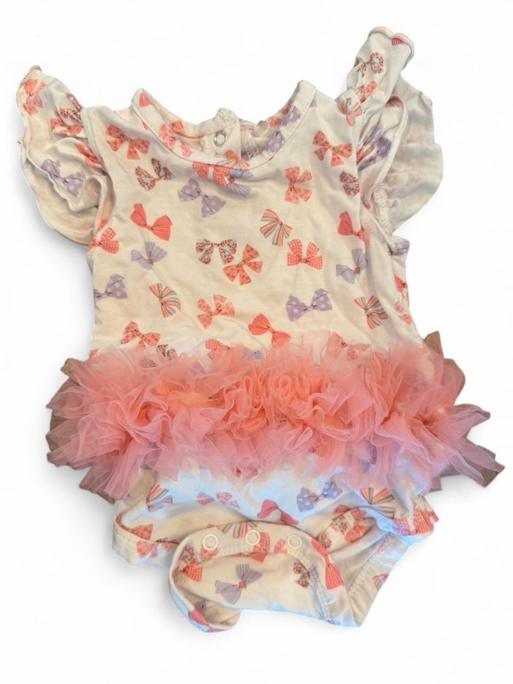 Milkberry Baby Girls Cream Bow Print One-Piece with Pink Tulle Tutu